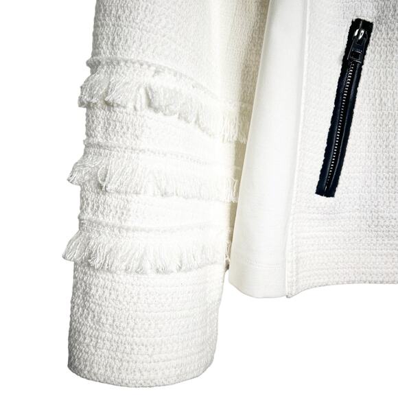 CHICO'S Tweed and Faux Leather Moto Jacket Asymmetric Full Zip White Black Large - Picture 5 of 12